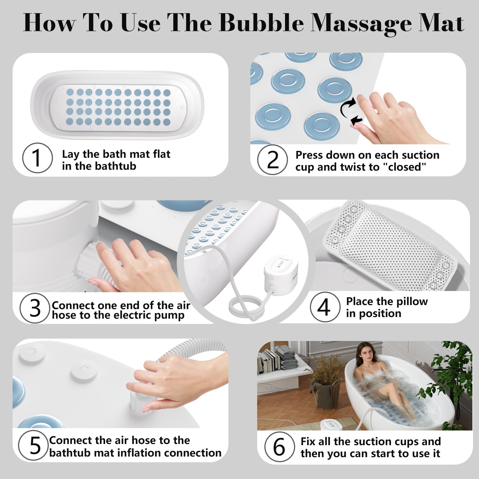 Bubble Bath Mat with Warm Air - Portable Spa for Bathtub, Full Body Waterproof Air Mat with Motorized Air Pump, 6-Speed Adjustable Massage, Remote Control & Non-Slip Suction Cups